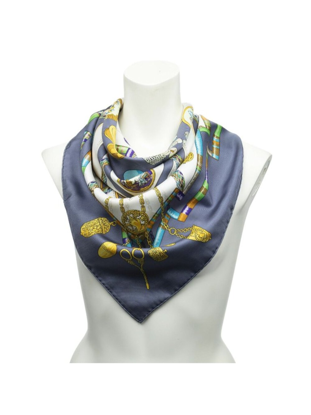 Hermes Scarf Gray White Gold Silk
